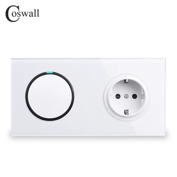 

Coswall White Crystal Glass Panel 16A EU Standard Wall Power Socket + 1 Gang 2 Way Pass Through On / Off Light Switch Switched