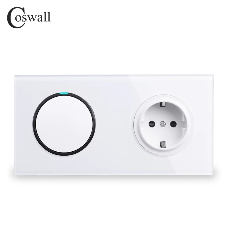 Painel de Vidro Através de Ligar Interruptor de Luz Padrão da ue + 1 Coswall Cristal Branco Tomada Parede Gang 2 Way Passagem – Desligar Comutada 16a