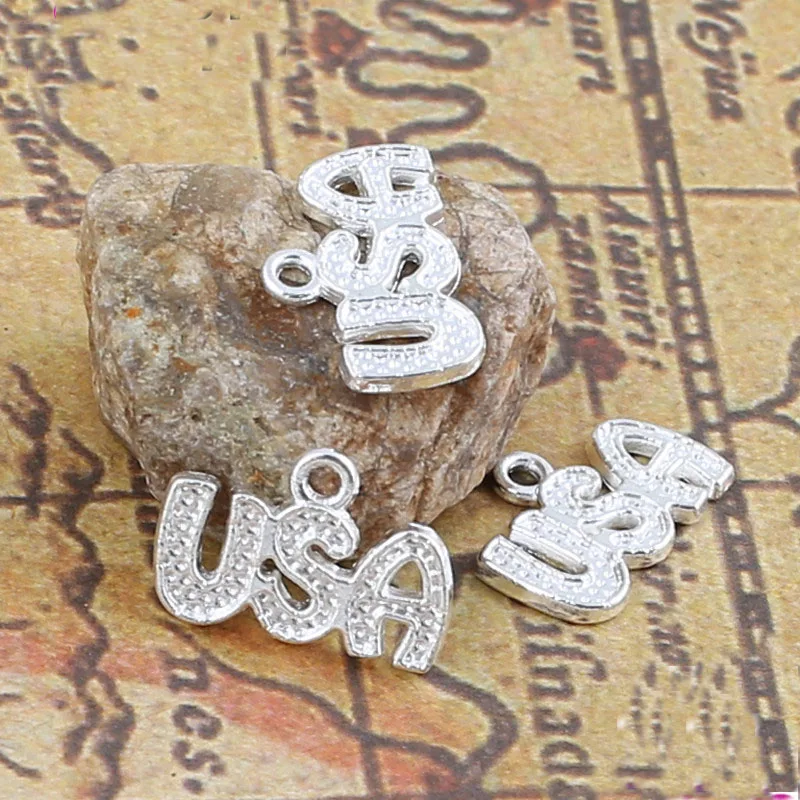 

Hot selling 10 Pieces/Lot 15mm*11mm shiny Silver Plated metal Alphabet USA necklace charm pandent for jewelry making