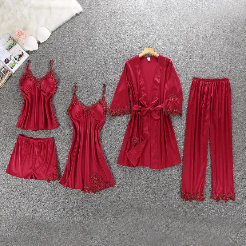 Сексуальная Женская пижама, 5 шт., атласная пижама, комплект, Женская кружевная Пижама, одежда для дома, шелковая пижама для сна, для отдыха, пижама с нагрудными накладками - Цвет: Красный