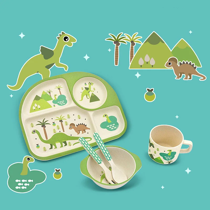 

5Pcs/set Cartoon baby Tableware Eco-friendly Bamboo Fiber Children Separation Plate Bowl Fork Spoon Cup Set Dinnerware NBB0318