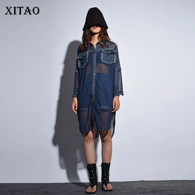 

[XITAO] 2018 Autumn New Korea Fashion Women Denim Patchwork Full Sleeve Shirt Female Turn-Down Collar Perspective Blouse LJT3808