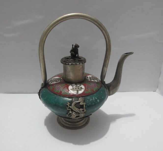 

ANTIQUE CHINESE OLD GREEN JADE HANDWORK DRAGON TEA POT FLAGON MONKEY LID 01