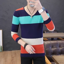 Осенний свитер мужской Корейский модный дизайн брендовая одежда v-образный вырез вязаный свитер полосатый цвет столкновения сшивание мужские топы