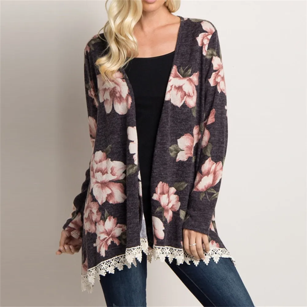 Feitong Women Tops And Blouses Kimono Cardigan Causal Flower Print Lace ...