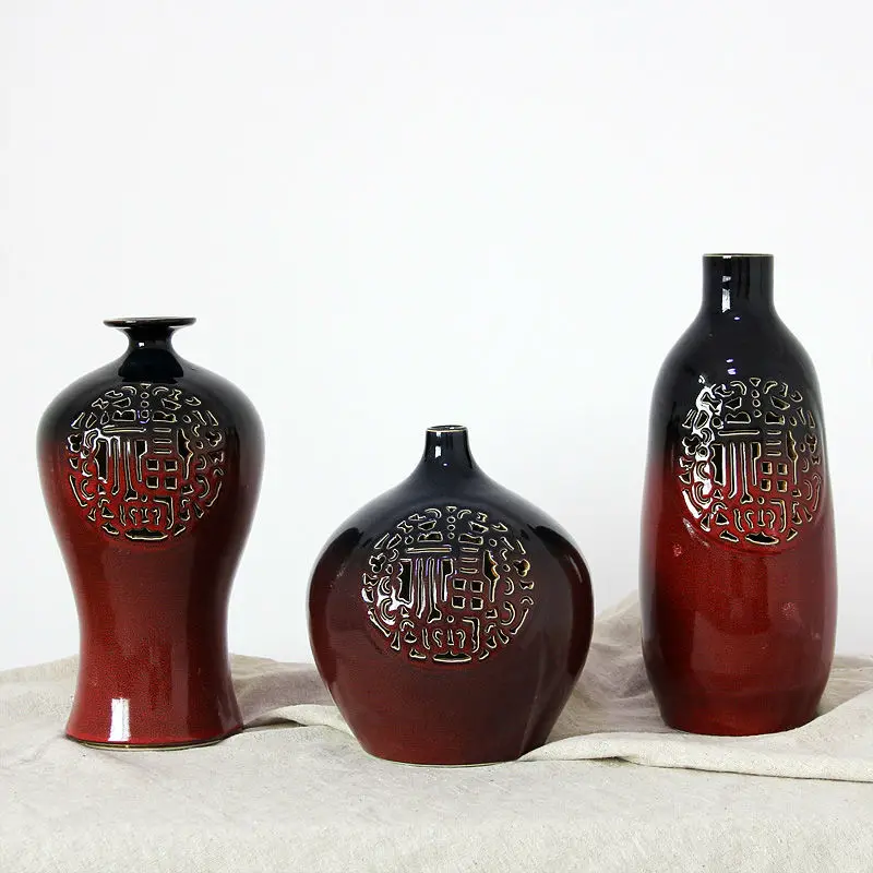 Ceramic Porcelain Tabletop Vase Set (3 Pcs) with Traditional Chinese