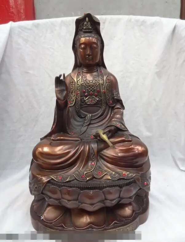 

S07028 18" China Pure Bronze Lotus Kwan-Yin Buddha Joss QuanYin Bodhisattva Pot Statue