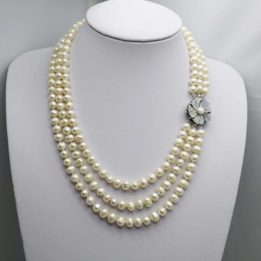 Fashion Popular Natural White Pearl Necklace 3Rows Neck chain Shell