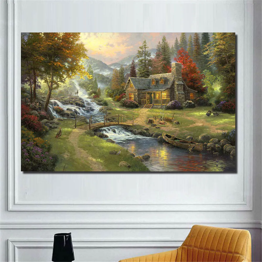 

Modern Wall Painting Forest Stone House in the Sunset Landscape Oil Painting Print On Canvas Natural Scenery Wall Art Picture