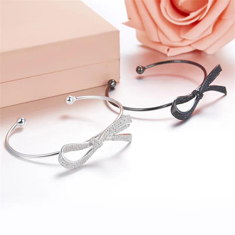 

925 Sterling Silver Bow Female Open Bracelet Fashion Jewelry Fits Monaco Jewelry with Women Party Gifts