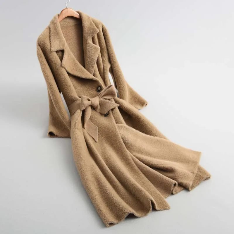Зимнее пальто для женщин, длинное теплое вязаное пальто, кашемировое пальто, пояс на талии, длинный рукав, манто, femme hiver - Цвет: camel
