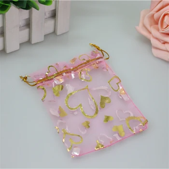 

Wholesale 100pcs/lot 7*9cm Pink Small Organza Pouches With Gold Heart Favor Wedding Gift Bags Drawstring Organza Bags
