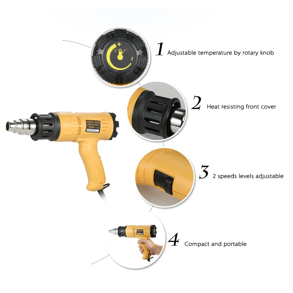 1800 Вт Регулируемая температура горячего воздуха пистолет Промышленный аппарат для сушки струёй горячего воздуха быстрый нагрев термопистолет для усадки горячий пистолет пайка инструмент 4 сопла