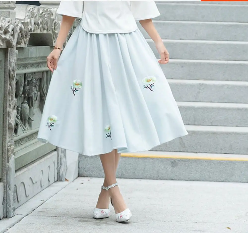 Небесно-голубой KYQIAO faldas mujer moda Женская осенне-Весенняя Традиционный китайский стиль Длинная синяя зеленая белая юбка трапециевидной формы с вышивкой - Цвет: Небесно-голубой