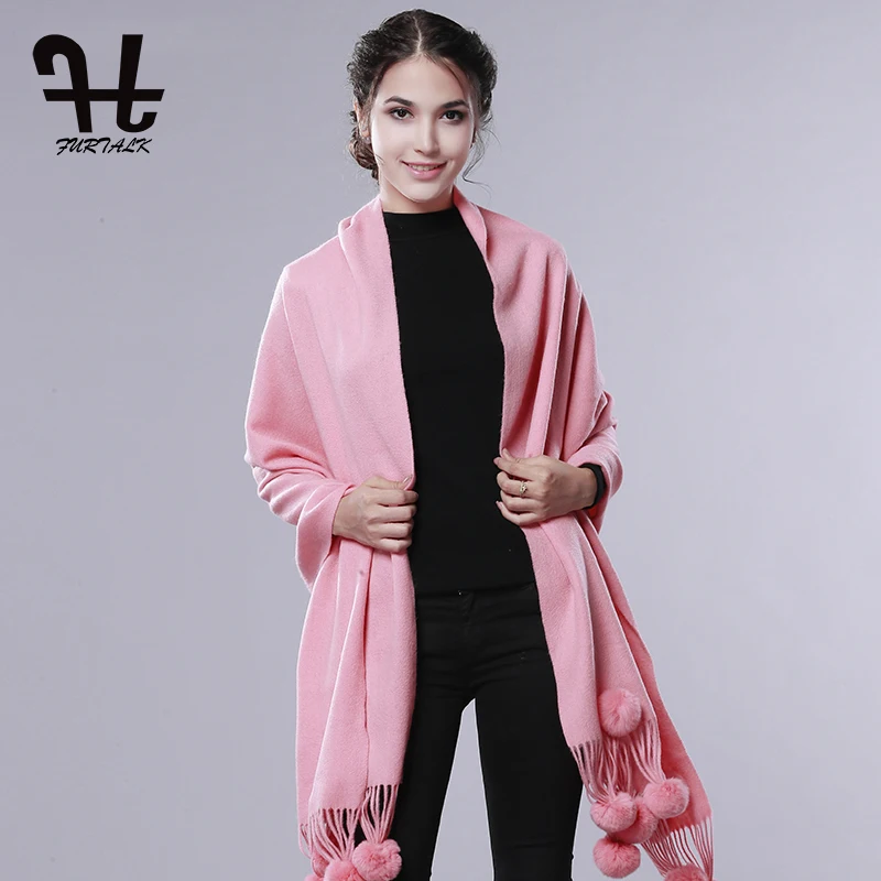 

FURTALK Cashmere Wool Scarf Women Winter Long Fur Scarf Rex Rabbit Fur Pom Pom Pashmina