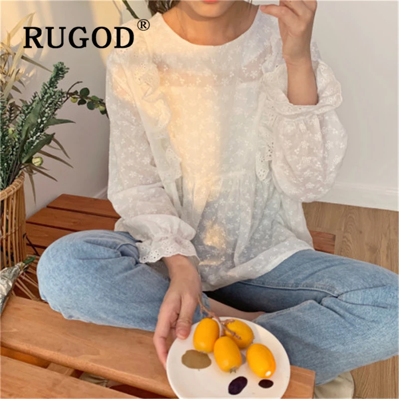 

RUGOD 2019 summer korean chic hollow out women blouse Elegant flare sleeve round neck office ladies shirts chemisier femme