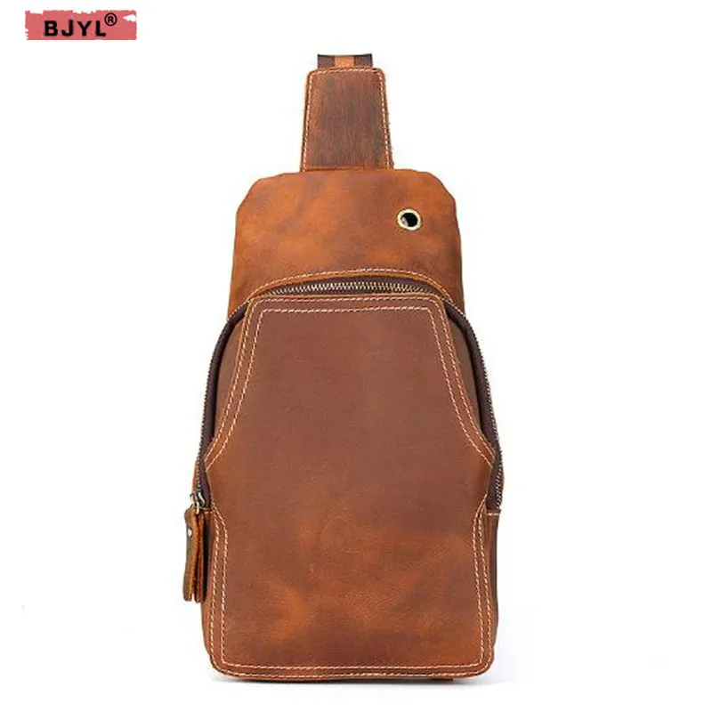 

BJYL Men's boobs real genuine leather crazy horse leather top layer cowhide retro handmade men's chest bags