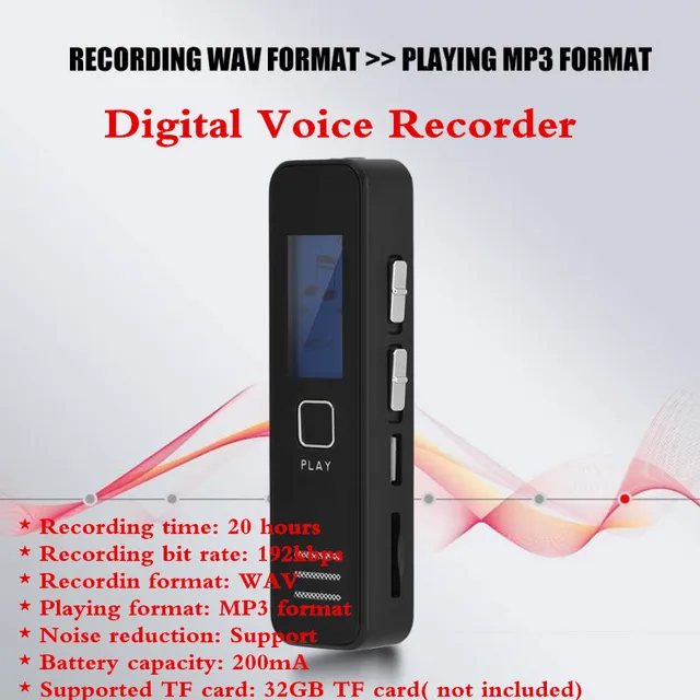 Mini Digital Voice Recorder 192kbps 20-hour Recording MP3 Playing Voice Recorder Support 32GB TF Card WAV to MP3 gravador de voz