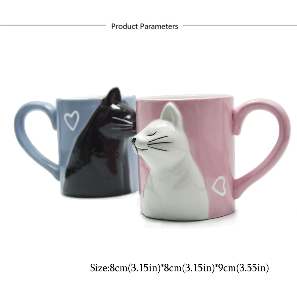 2-PCS Kiss Cat Coffee Couple Handmade Mug, Funny Tea Ceramic cup set for Bride and Groom, Matching Gift for Engagement Wedding