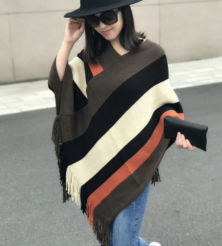 

Knitting stripe tassel Winter Acrylic scarf wraps pashmina women scarfs thick Dual shawl hijab poncho for ladies