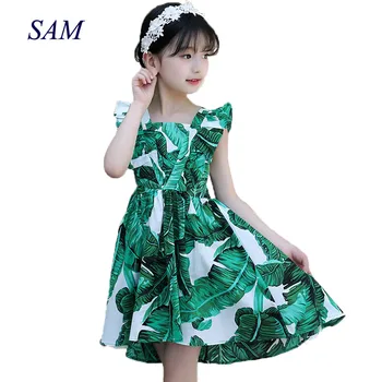 

Girls 2019 cute new summer dress Children's cotton swallowtail princess dresses Square sleeve print leaf dress for kids party