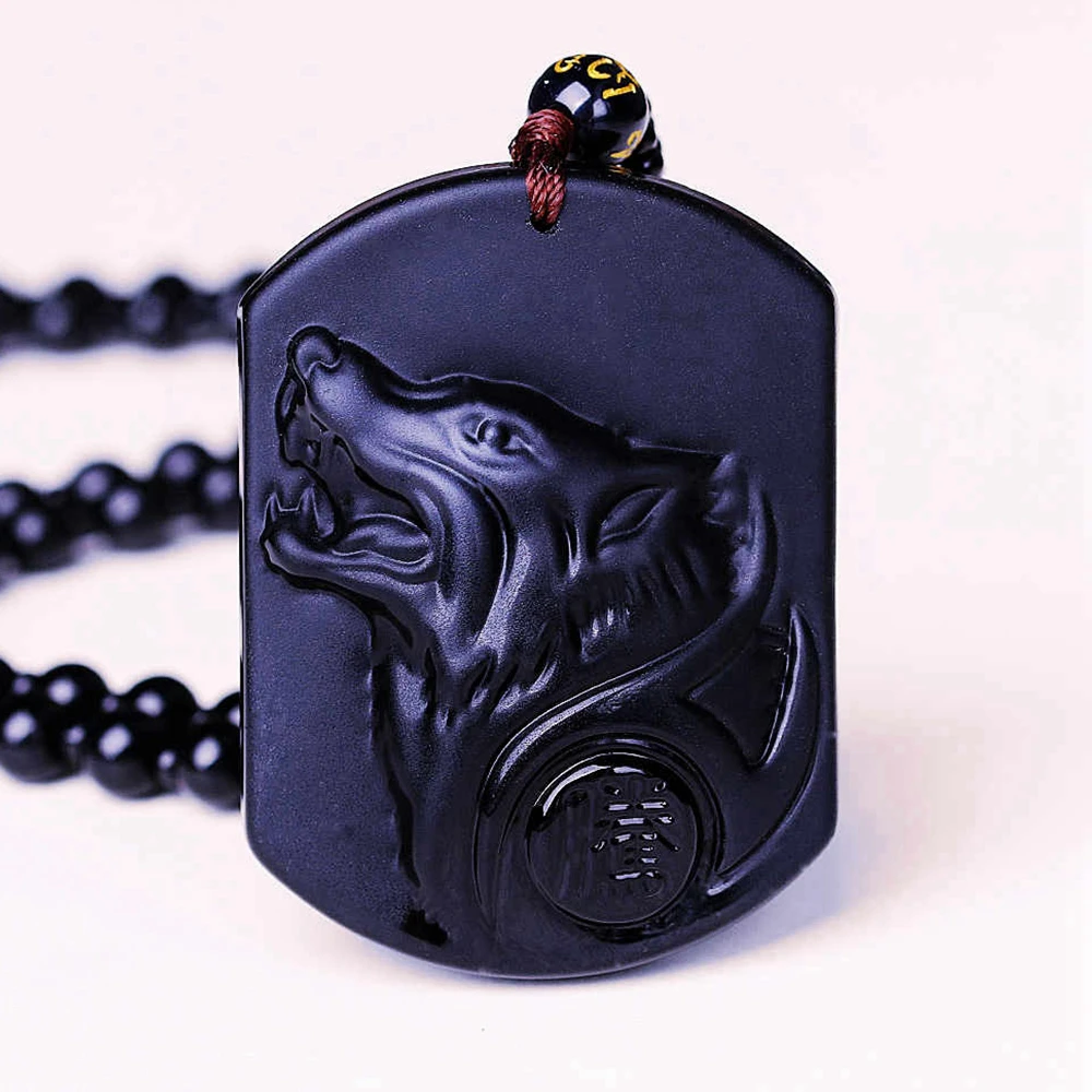 

High Quality 100% 3A Natural Obsidian Stone Necklace Pendant China Hand Carved Wolf Jade Jewelry Healing Crystal Reiki Women Men