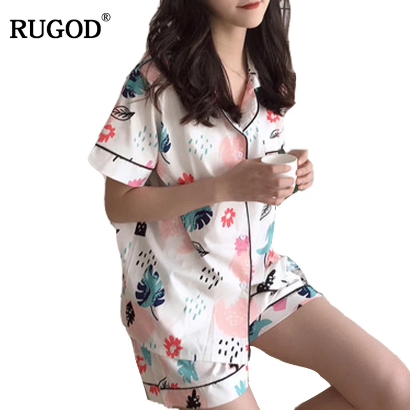 

RUGOD Printed Cotton Comfortable Pajamas For Women High Quality Knitted Short Sleeve Pajamas Women With Shorts 2019 Spring