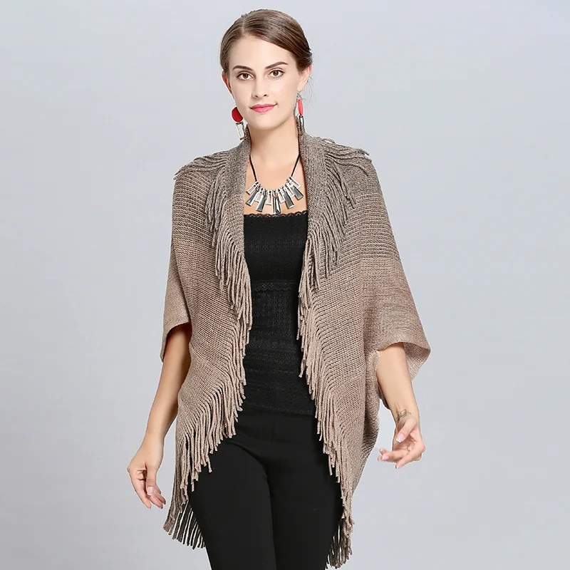 Новое Осеннее женское пончо Femme Hiver кардиган цвета хаки шаль высокая эластичная кисточка вязаная женксие кофты длинный кардиган пальто - Цвет: khaki