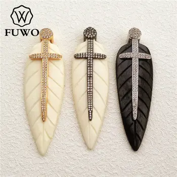 

FUWO Carved Micro Pave Bone Pendant High Quality Ox Bone With Cross Cubic Zirconia Decoration Pendant Supplies Wholesale PD1021