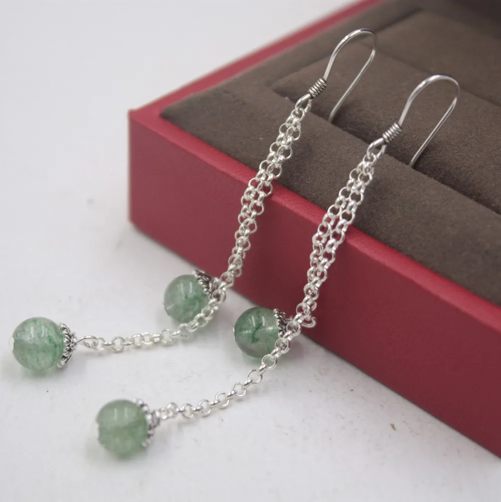 

Pure S925 Silver & Green Prehnite Dangle Earrings Woman's Ball Earrings Drop 68mmL O Chain Link