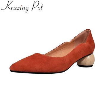 

new arrival big size pointed toe genuine leather solid med heel women pumps party shallow elegant office lady spring shoes L9f1