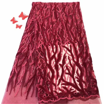 

2019 Latest African Lace Fabric With Wine Sequins Tissu Indian Wedding Dress Fabric French Velvet Mesh Tulle Lace Material