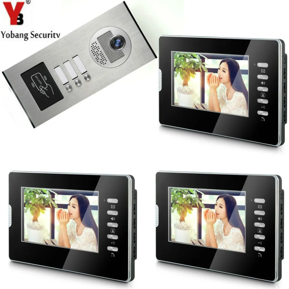 

Yobang Security Waterproof Video Intercom 7''Inch TFT LCD Wired Access Entry 3 Black Monitor Smart RFID Camera For 3 Apartments
