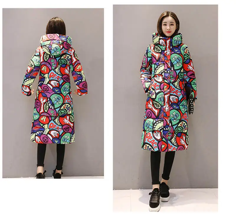 Женская зимняя куртка размера плюс 3XL, пальто с капюшоном и принтом, женское манто, женская теплая парка, Mujer, длинная хлопковая куртка C4953