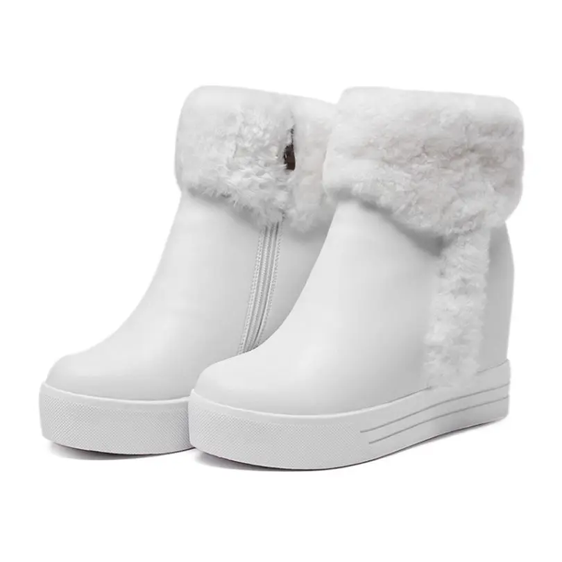 Зимняя теплая обувь; женские ботильоны из натуральной кожи на танкетке и высоком каблуке; туфли-лодочки на платформе с кроличьим мехом; высокие кроссовки с круглым носком - Цвет: white2