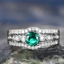 Женский Большой Кристалл Круглый зеленый камень кольцо блестящее 925 серебро AAA циркон обручальное кольцо винтажные вечерние свадебные кольца для женщин