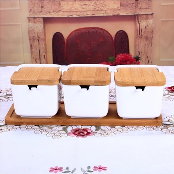 

RSCHEF Three-piece ceramic spice jar Home simple clamshell style porcelain spice jar set Bamboo lid base