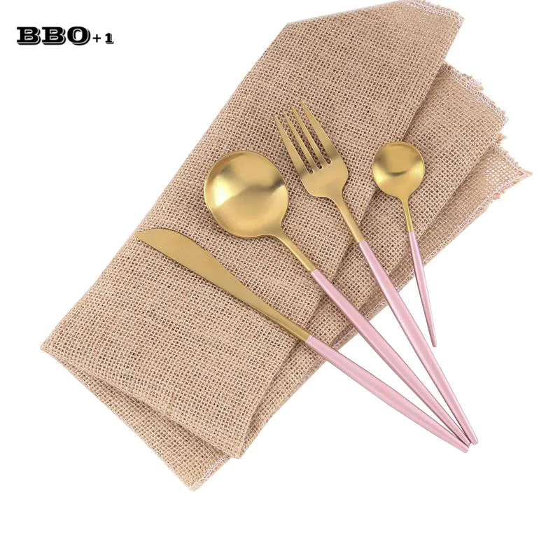 Gold Pink Dinnerware Set Stainless Steel Cutlery Golden Pink Tableware Set Wedding Party Korean