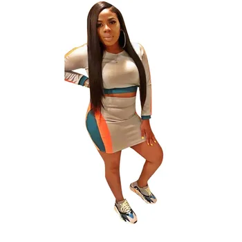 

Sexy 2 Two Piece Set Women Outfits Top and Mini Skirt Patchwork Print Striped Casual Women Tracksuit
