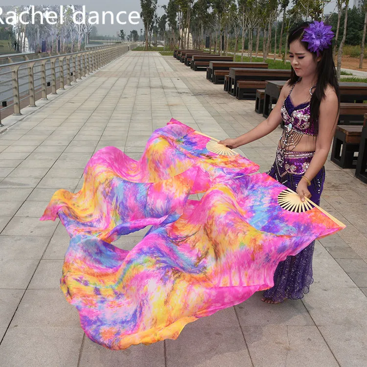 Китай Настоящее шелк Восточный танцы веер вуали градиент огонь много цветов вентилятор танец живота сцены 1 пара