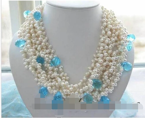 

~~ BJC 00018 white pearl blue crystal drip necklace Discount AAA