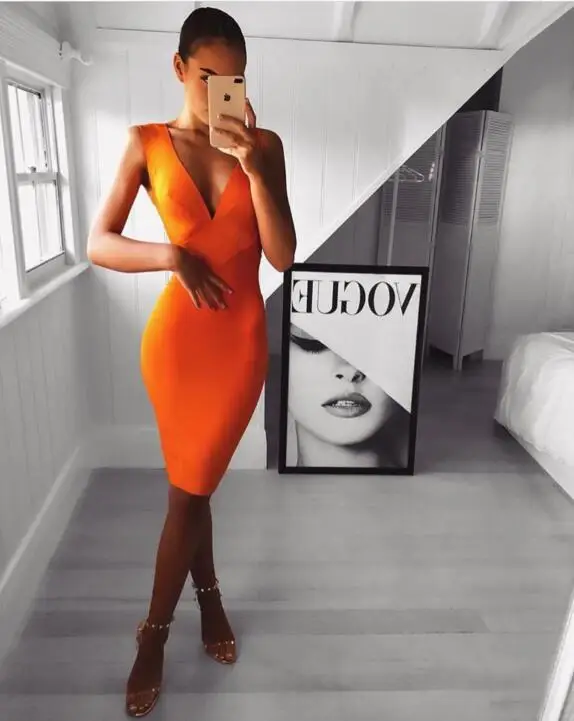 

New Arrival Sexy V Neck Orange Bandage Dress 2018 Celebrity Designer Fashion Dress Vestidos
