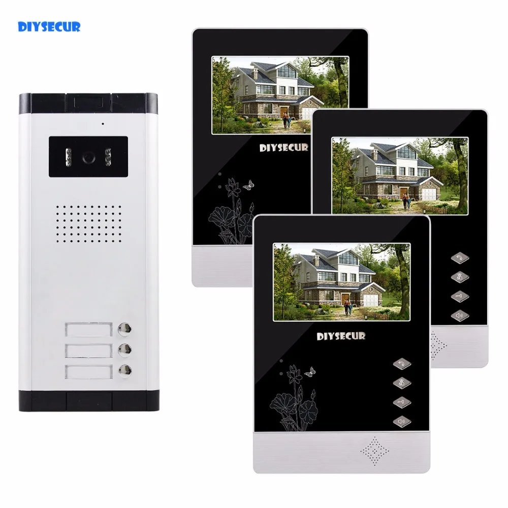 DIYSECUR 4.3\ Wired Apartment Video Door Phone Audio Visual Intercom Entry System IR Camera For 3 Families DIYSECUR 4.3\ Wired Apartment Video Door Phone Audio Visual Intercom Entry System IR Camera For 3 Families