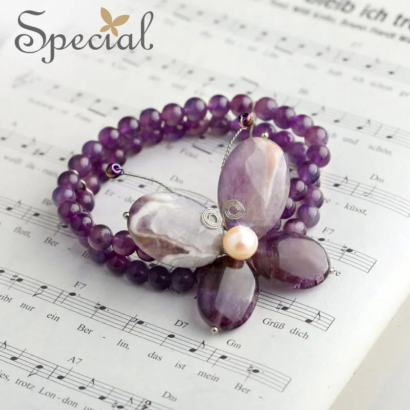 

Special New Fashion Natural Stone Bracelets & Bangles Pearls Butterfly Purple Beaded Bracelets Fine Jewelry for Women SL150810