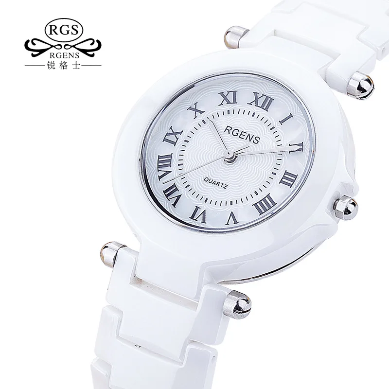 

RGENS brand official ladies clocks new casual womens watches quartz 100% ceramic white woman wristwatches waterproof calendar