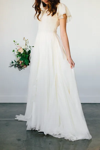 Flowy Chiffon Modest Wedding Dresses 2017 Beach Short Sleeves Beaded Belt Temple Bridal Gowns Queen Anne Neck Informal Reception Dress