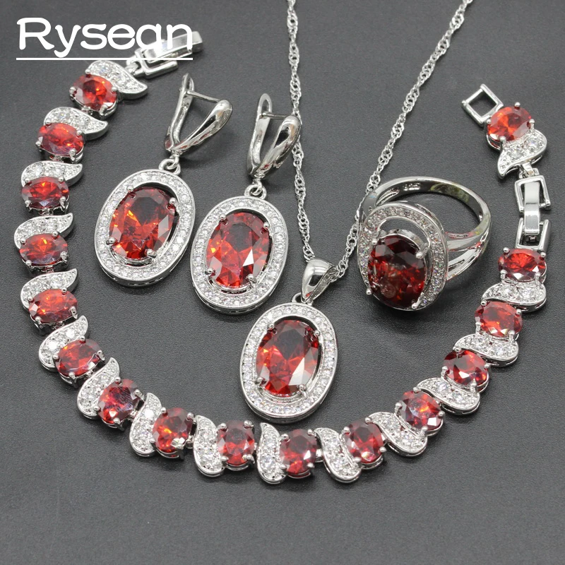 925 Sterling Silver Jewelry Sets Oval Red Zirconia For Women Wedding Necklace Pendant Bracelet Ring Earrings Rysean | Украшения и
