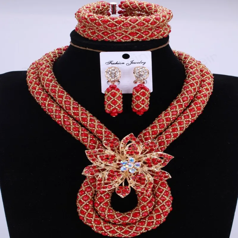 Nigerian Jewelry Set For Women – African Wedding Necklace, Bracelet & Earrings, Crystal Beaded Bridal Set