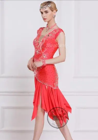 Красный заказной вырез сзади Румба ча Сальса Танго латинский танец конкурс платье с бисером
