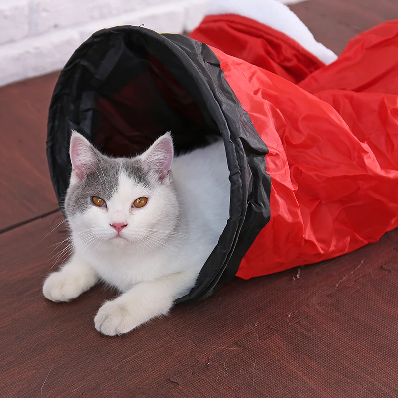 Pet Cat Tunnel Toy 2 Holes Unique Funny Christmas Pant Design with Balls Foldable Rabbit Kitten